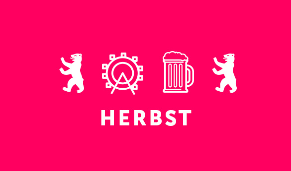 4 weiße Icons - Bär, Bierkrueg, Riesenrad und Bär - plus Text auf pinkem Hintergrund. Startbild für die Herbstkohorte des Zertifikatskurses zum Employer Brand Manager.