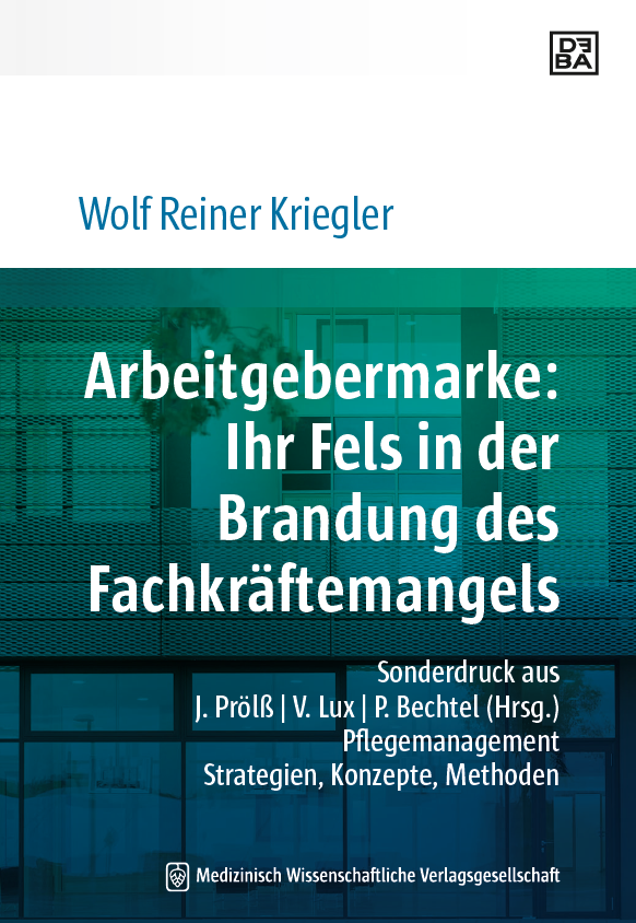 E-Book Cover mit grün-blauem Hintergrund und weißem Text - Beitragsveröffentlichung von Wolf Reiner Kriegler zum Thema Fachkräftemangel Pflege.