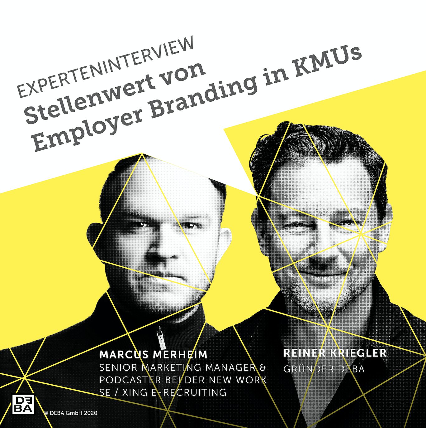 Schwarz-weiße Portraitfotos von zwei Männern vor gelbem Hintergrund. Zu sehen: Marcus Merheim (New Work SE/ XING E-Recruiting) und DEBA Gründer Wolf Reiner Kriegler.